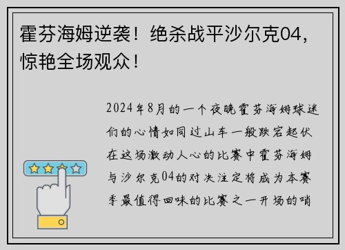 霍芬海姆逆袭！绝杀战平沙尔克04，惊艳全场观众！