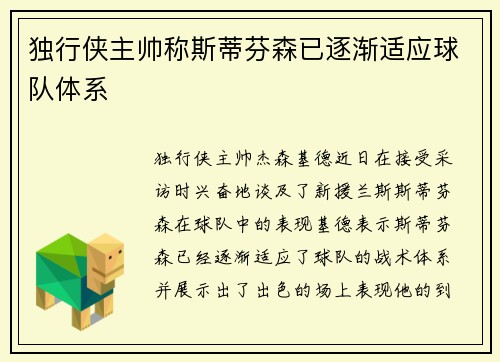 独行侠主帅称斯蒂芬森已逐渐适应球队体系